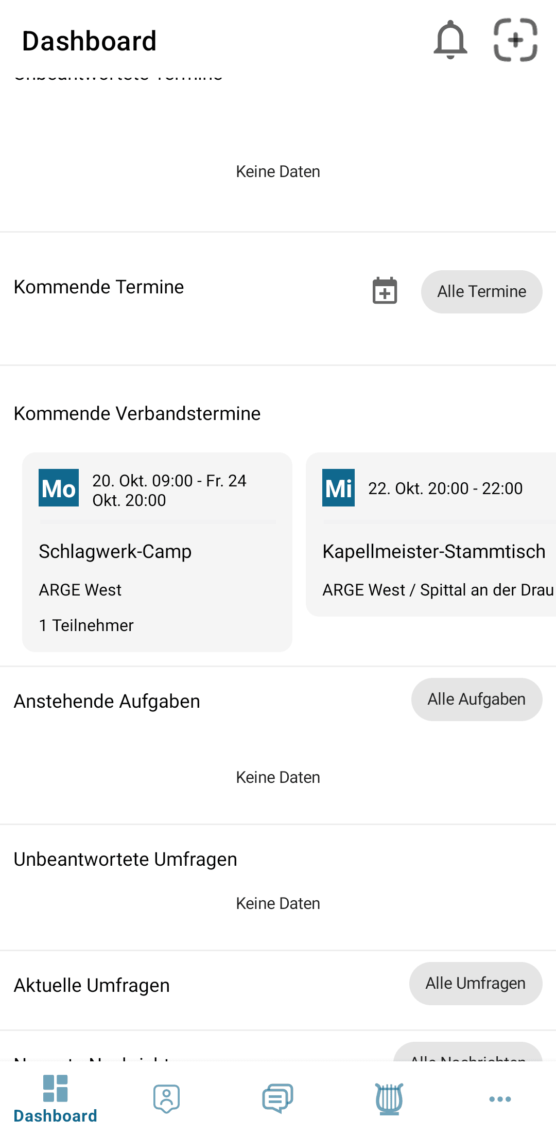 Dashboard mit Verbandsterminen