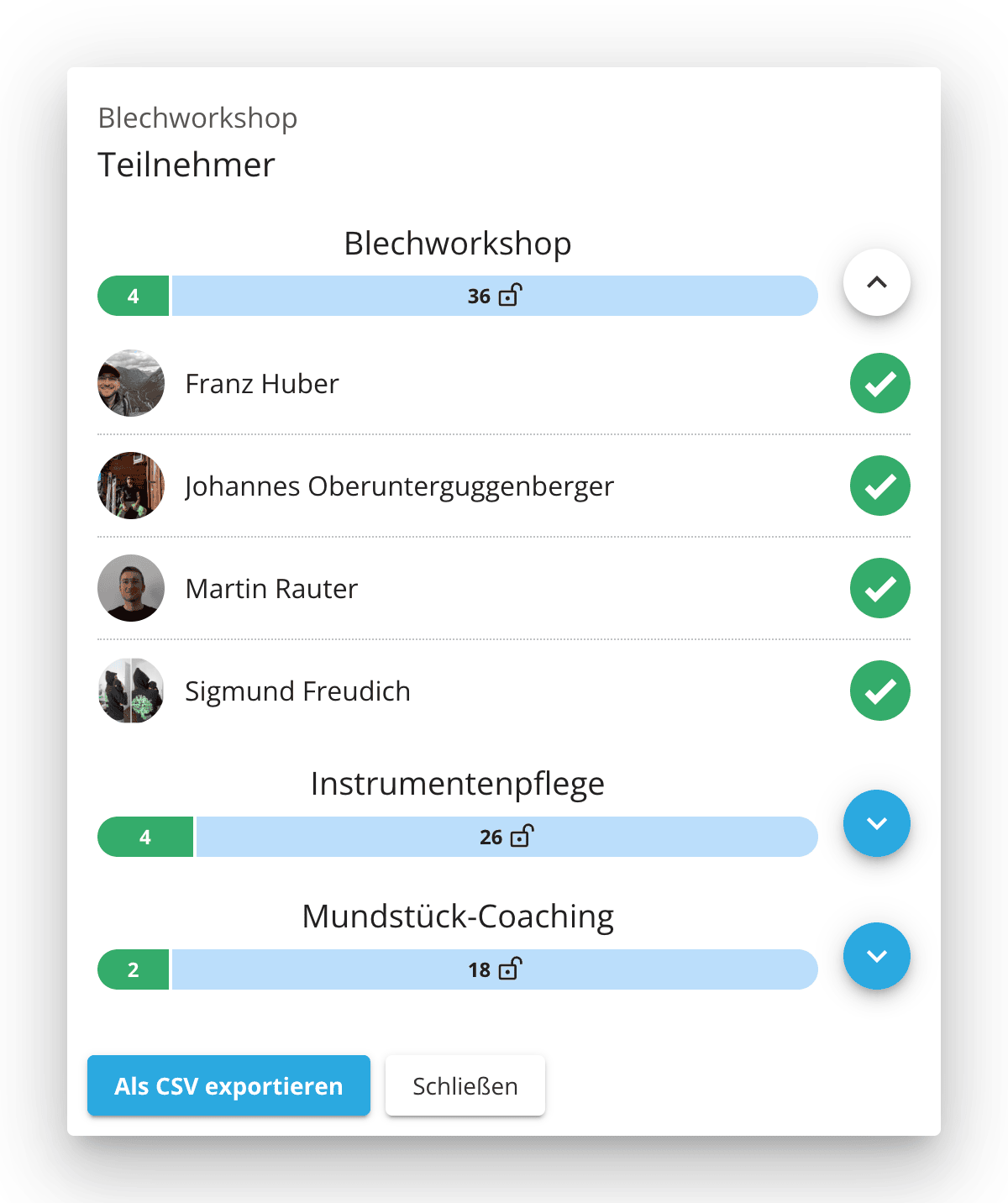 Teilnehmer von Verbandstermin mit Modulen