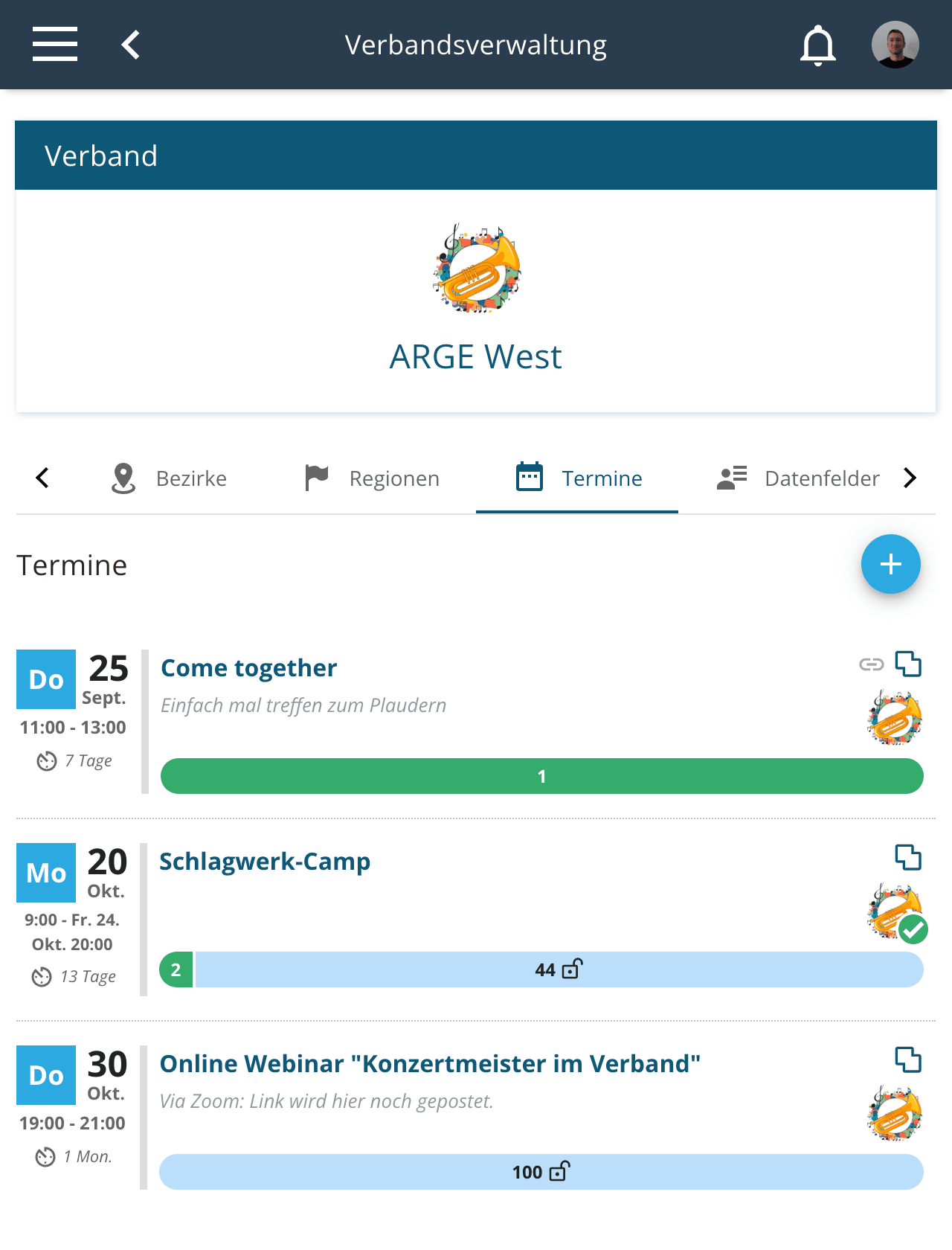 Termine von Verband in Verbandsverwaltung