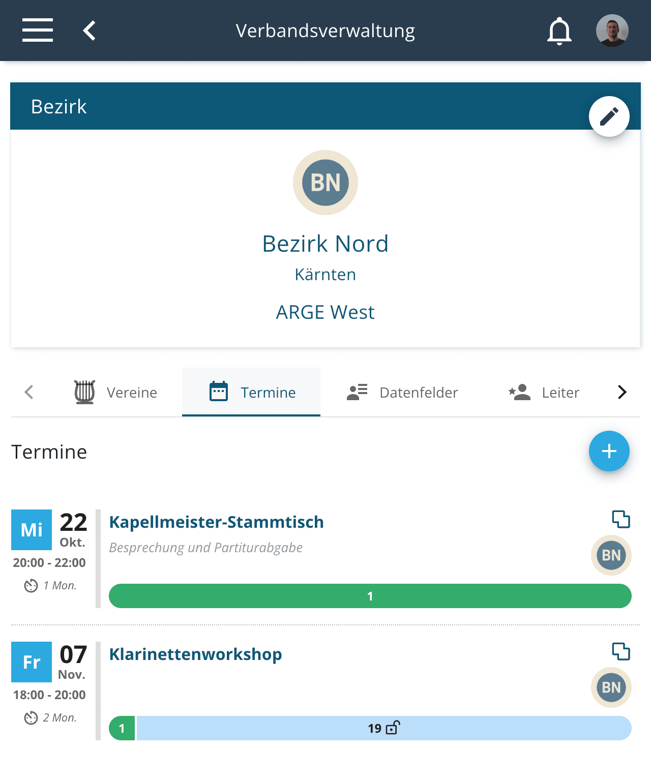 Termine von Verbandsbezirk in Verbandsverwaltung
